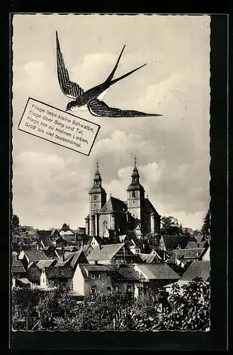 AK Walldürn i. Odw., Teilansicht des Ortes mit Kirchentürmen