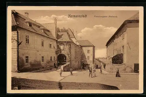AK Hermannstadt, Fleischergasse und Rathaus