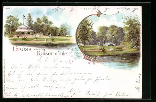 Lithographie Viersen, Gasthof Kaisermühle, Uferpartie