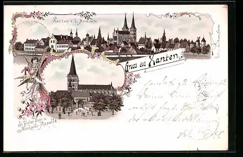 Lithographie Xanten, Teilansicht von der Nordseite, St. Victor Dom und Michaels-Kapelle