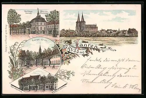 Lithographie Xanten, Hotel Hövelmann u. Gasthof A. Scholten, Rathaus u. Museum römisch. Altertümer, Evangelische Kirche