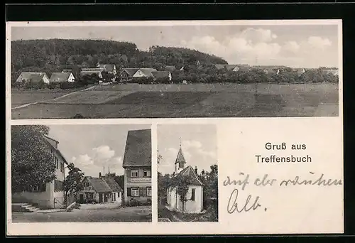 AK Treffensbuch, Ortspartie mit Gasthaus, Kirche, Teilansicht