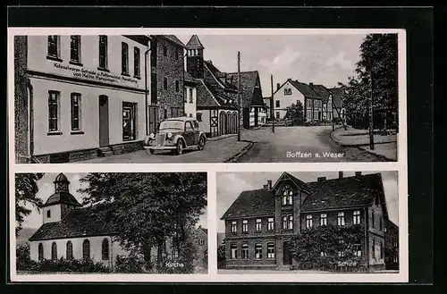 AK Boffzen a. Weser, Strassenpartie mit Kolonialwarengeschäft von Heinr. Hansmann, Schule, Kirche