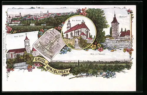 Lithographie Waiblingen, Neue Kirche, Alte Kirche, Marktbrunnen