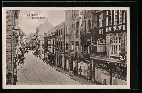 AK Solingen, Kölner Strasse mit Cafe Zur Platte und Geschäften