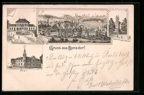 Lithographie Ronsdorf, Rathaus, Post, Kaiser-Krieger-Denkmal