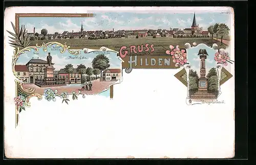 Lithographie Hilden, Marktplatz mit Post, Kaiser-Denkmal und Friedens-Eiche, Kriegerdenkmal, Teilansicht