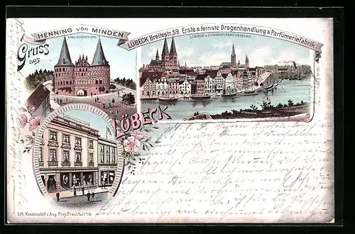 Lithographie Lübeck, Geschäft Henning von Minden Breitestr. 59, Holstentor, Teilansicht von Chimborasso gesehen