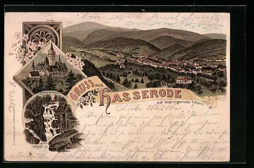 Lithographie Hasserode bei Wernigerode, Teilansicht, Schloss Wernigerode, Steinerne Renne