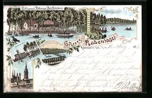 Lithographie Halle / Saale, Gasthaus Rabeninsel, Blick nvon Hoffmann`s Fischhaus nach dem Ort, Böllberger Mühle