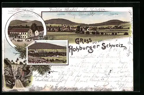 Lithographie Hohburg, Restaurant zum Lossa-Thal, Partie mit dem Kleinen Berg