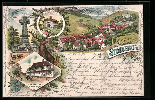 Lithographie Stolberg a. H., Marktplatz und Rathaus, Jagdschloss Eichenforst, Aussichtsturm Josephshöhe