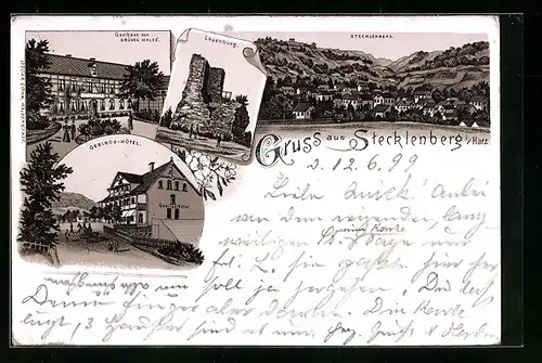 Lithographie Stecklenberg i Harz, Gasthaus Zum grünen Walde, Gebirgs-Hotel, Lauenburg