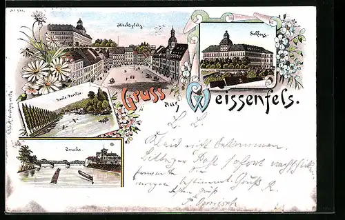 Lithographie Weissenfels, Marktplatz, Schloss, Brücke