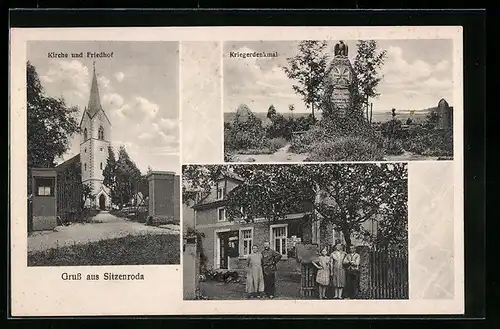 AK Sitzenroda, Warenhandlung Otto Engel, Kirche mit Friedhof