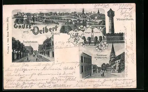 Lithographie Velbert /Rheinl., Wasserthurm, Poststrasse, Krieger Denkmal