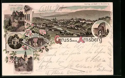 Lithographie Arnsberg, Glockenthurm, Kaiserpförtchen, Ehmsen-Denkmal