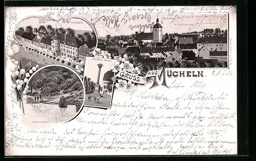 Lithographie Mücheln, Rathhaus, Ceiselquelle, Denkmal