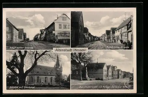 AK Altenstadt /Hessen, Strasse, Kirche mit Denkmal
