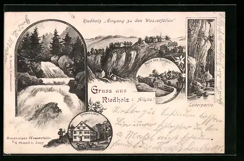Lithographie Riedholz i. Allgäu, Leiterpartie, Gasthaus z. Adler, Riedholzer Wasserfälle