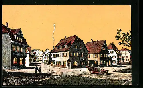 Künstler-AK Eugen Felle: Donaueschingen, Käferstrasse, Ecke Wasserstrasse, nach dem Riesenbrande 1908