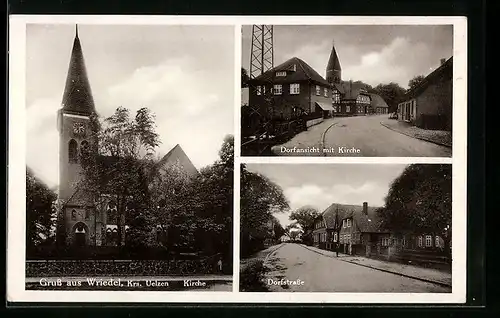 AK Wriedel /Kr. Uelzen, Strassenpartie mit Kirche, Dorfstrasse