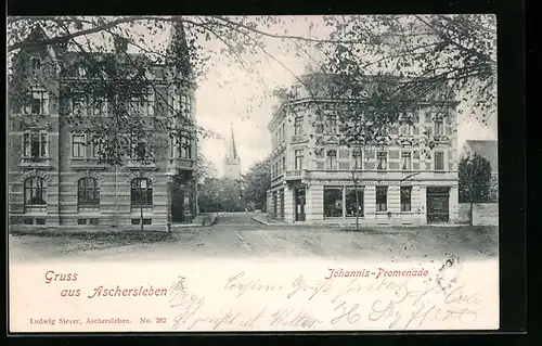 AK Aschersleben, Johannis-Promenade mit Haus Otto Weinmeister und Kirche