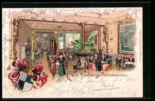 Lithographie Aschersleben, Cafe Hohenzollern, Innenansicht, Wappen