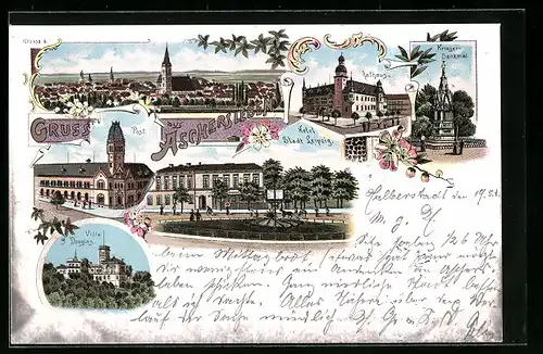Lithographie Aschersleben, Hotel Stadt Leipzig, Villa Douglas, Ortsansicht
