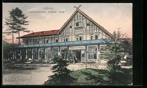 AK Lübeck, Gasthaus Schweizerhaus in der Israelsdorfer Allee mit Gästen und Kellner