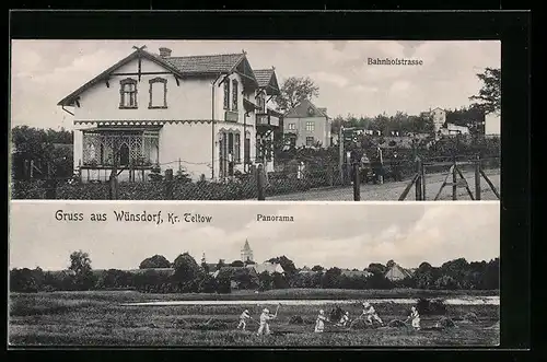 AK Wünsdorf /Kr. Teltow, Bahnhofstrasse mit Friseurgeschäft, Panorama mit Landarbeitern auf dem Feld