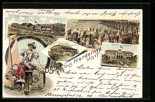 Lithographie Norderney, Grosses Logirhaus, Dünenhalle Wilhelmshöhe, Strandbrücke mit Menschenmenge, Strandkörbe
