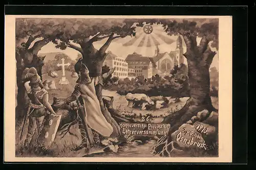 Künstler-AK Osnabrück, Hannoversche Provinzial-Lehrerversammlung 1913, Ritter mit Kreuz, Sonne, Festpostkarte