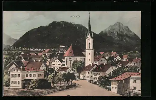 Künstler-AK sign. Hans Pernat: Piding, Ortsansicht mit Kirche und Bergen