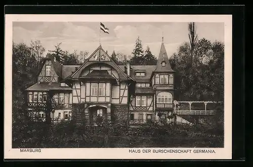 AK Marburg, Haus der Burschenschaft Germania, Frontansicht mit Brücke