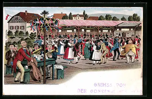 Künstler-AK Mainz-Gonsenheim, Volksfest mit Musikanten und Tanz auf der Diele