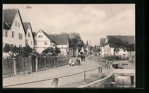 AK Elm, Strassenpartie mit Brücken und Kindergruppe