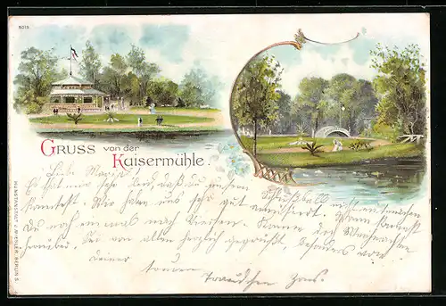 Lithographie Viersen, Gasthaus Kaisermühle, Uferpartie