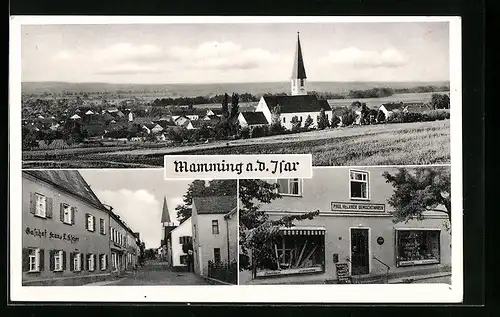 AK Mamming a. d. Isar, Gemischtwarengeschäft Paul Heckner, Gasthof, Teilansicht mit Kirche