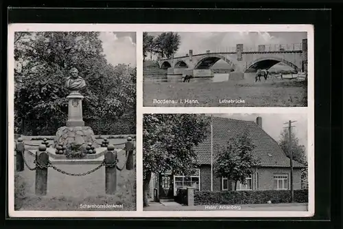 AK Bordenau i. Hann., Geschäft von Heinrich Arkenberg, Leinebrücke, Scharnhorstdenkmal