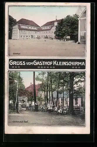 AK Kleinschirma, Gasthof, Garten mit Saal