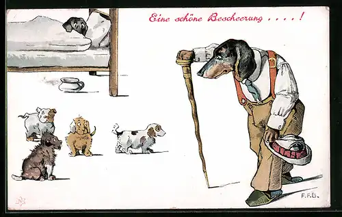 Künstler-AK Eine schöne Bescherung, Älterer Dackel mit Welpen, vermenschlichte Tiere
