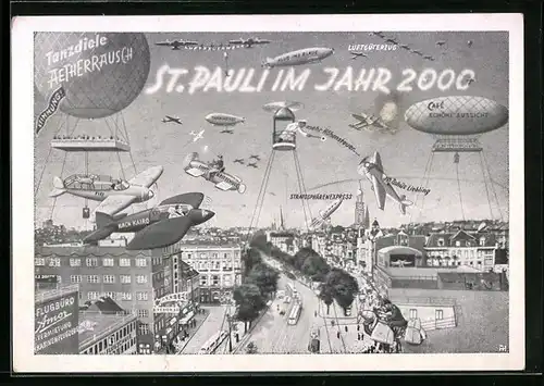 Künstler-AK Hamburg-St. Pauli, Ballon m. Aufschrift Tanzdiele Aetherrausch, Zeppelin m. Aufschrift Café Schöne Aussicht