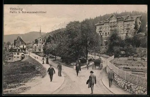 AK Triberg, Spaziergänger und Kutsche am Schwarzwald Hotel