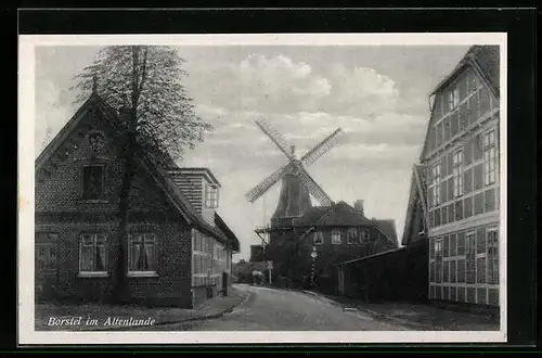 AK Borstel im Altenlande, Backsteinhäuser mit Windmühle