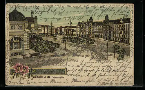 Lithographie Frankfurt a. M., Bahnhofsplatz mit Kutsche