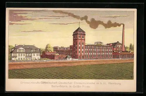 Künstler-AK Gröba-Riesa, Blick auf die Seifenfabrik mit Schornstein