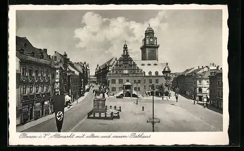AK Plauen i. V., Altmarkt mit altem und neuem Rathaus, 