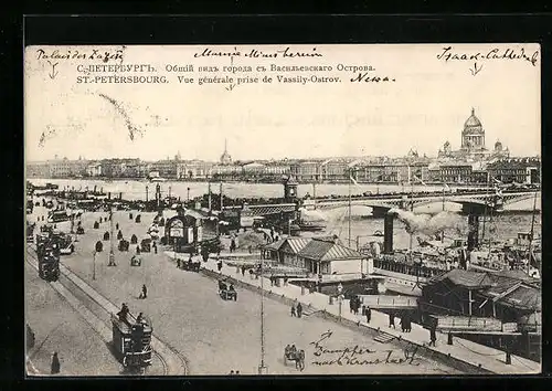 AK St. Petersbourg, Vue générale prise de Vassily-Ostrov, Panorama mit Brücke