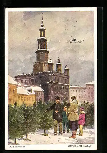 Künstler-AK Krakau, Wesolych Swiat, Familie beim Chrisbaumkauf
